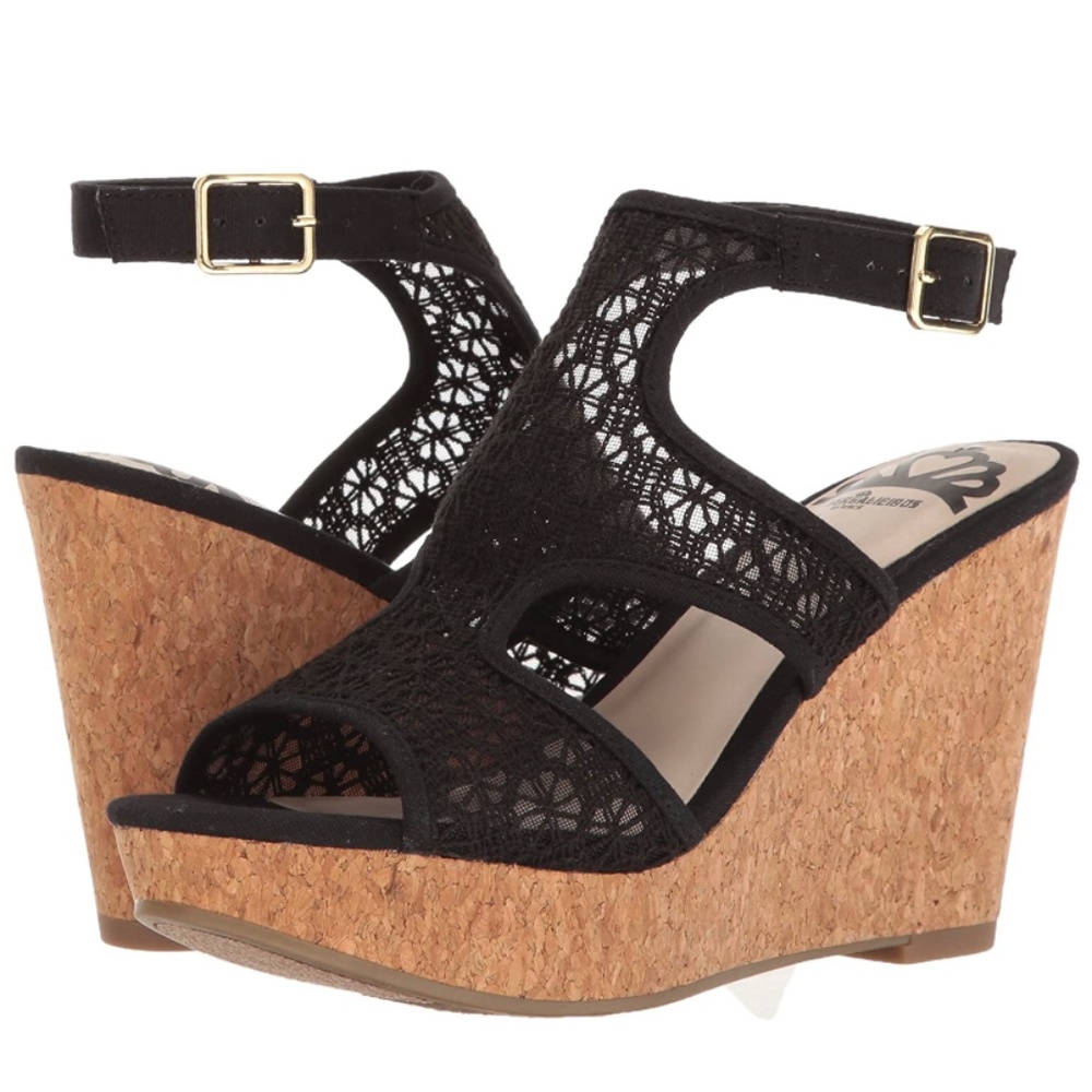 Black Fergalicious Kendra Wedge Lace Sandals 8.5